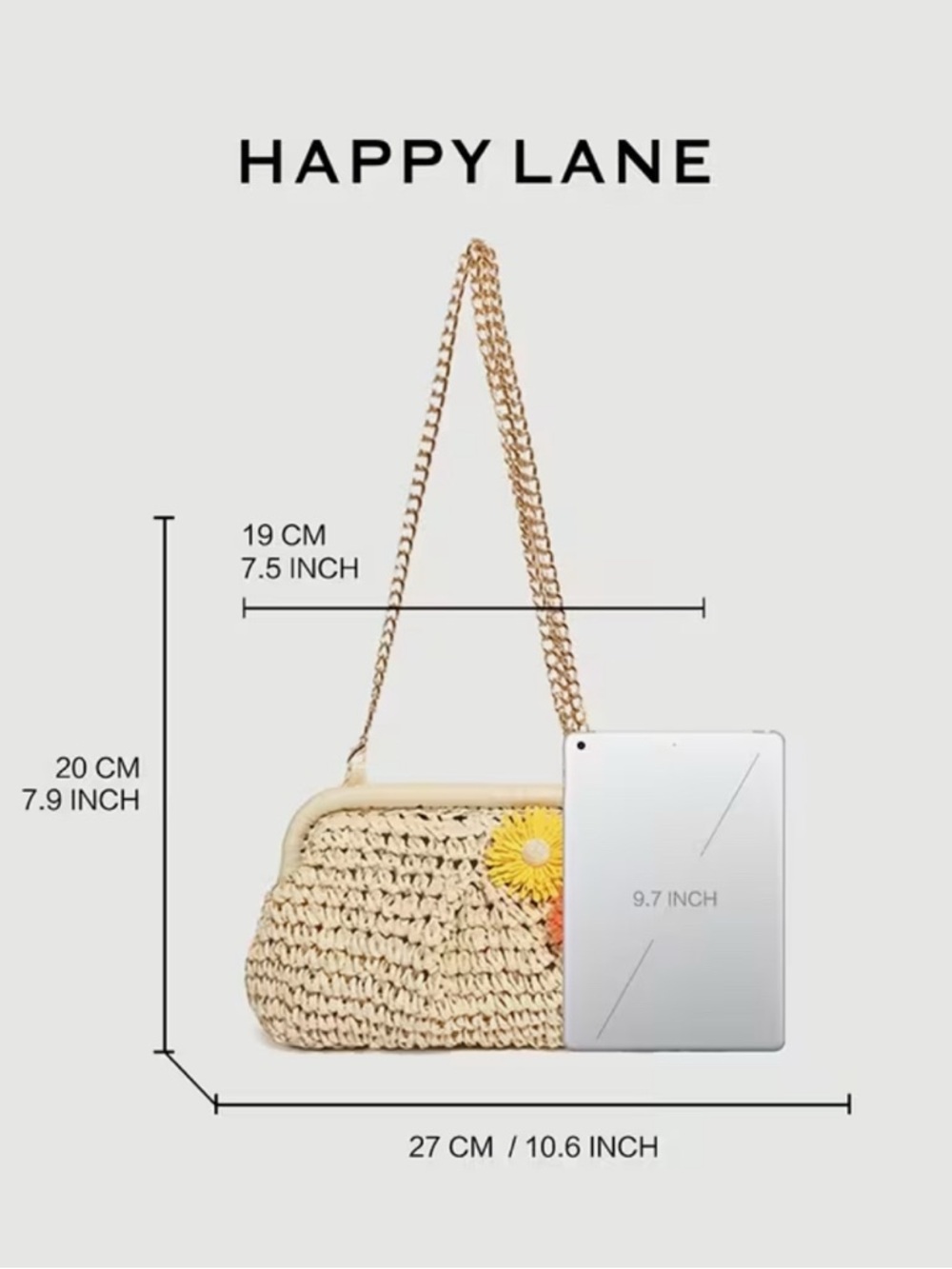 Happy Lane Beige Woven Straw Daisy Flower Clasp Crossbody Bag Gold Chain NWT - Picture 7 of 9